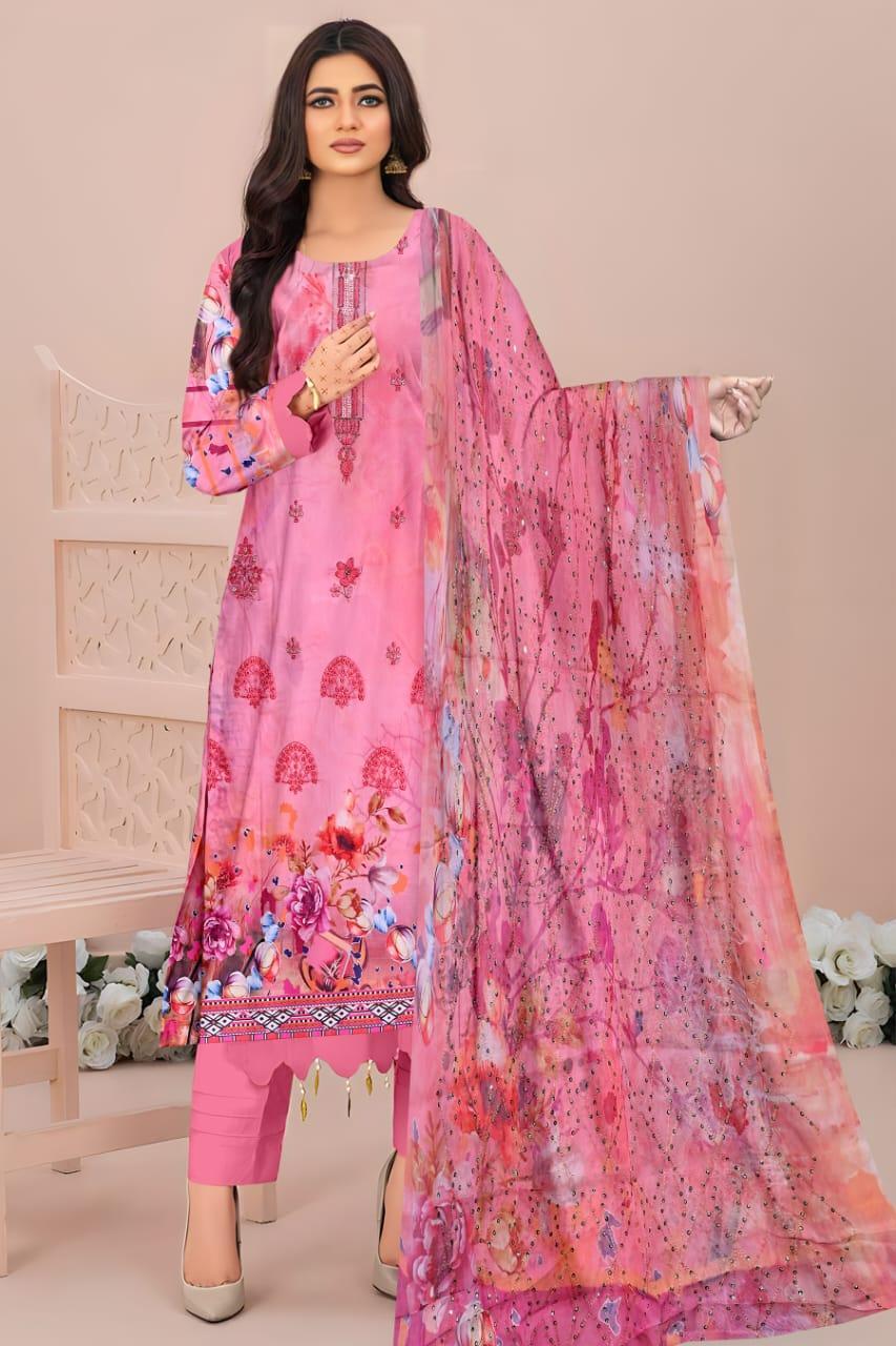 Stunning Pink 3 Pcs Suit with Digital Print & Embroidered Detailing