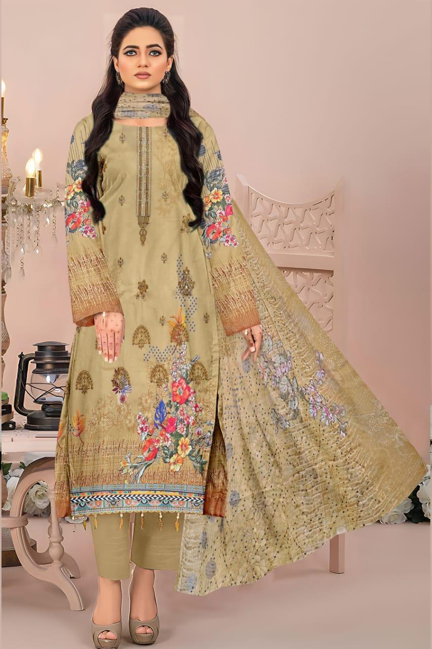 Stylish 3 Pcs Embroidered Lawn Suit with Printed Dupatta