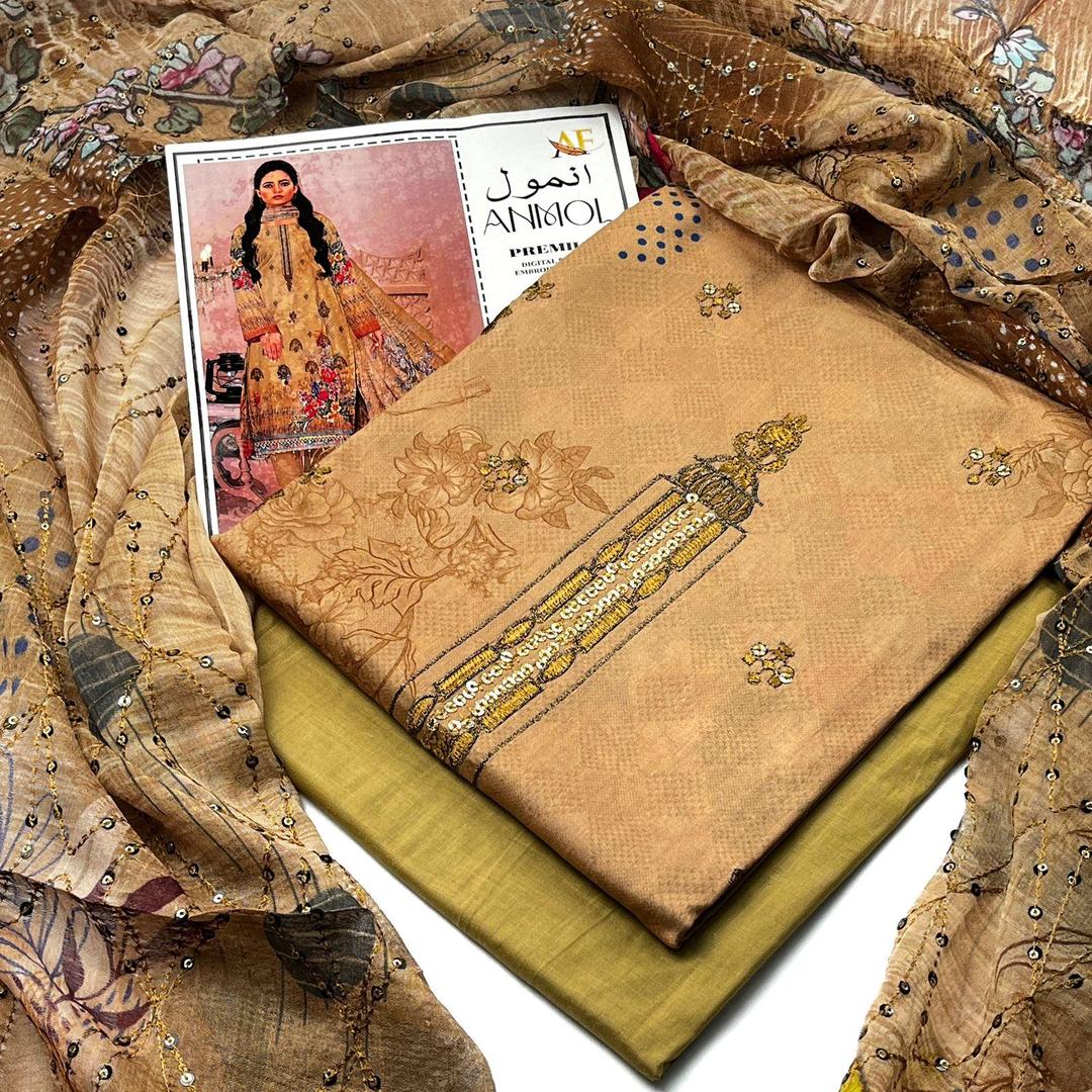 Stylish 3 Pcs Embroidered Lawn Suit with Printed Dupatta