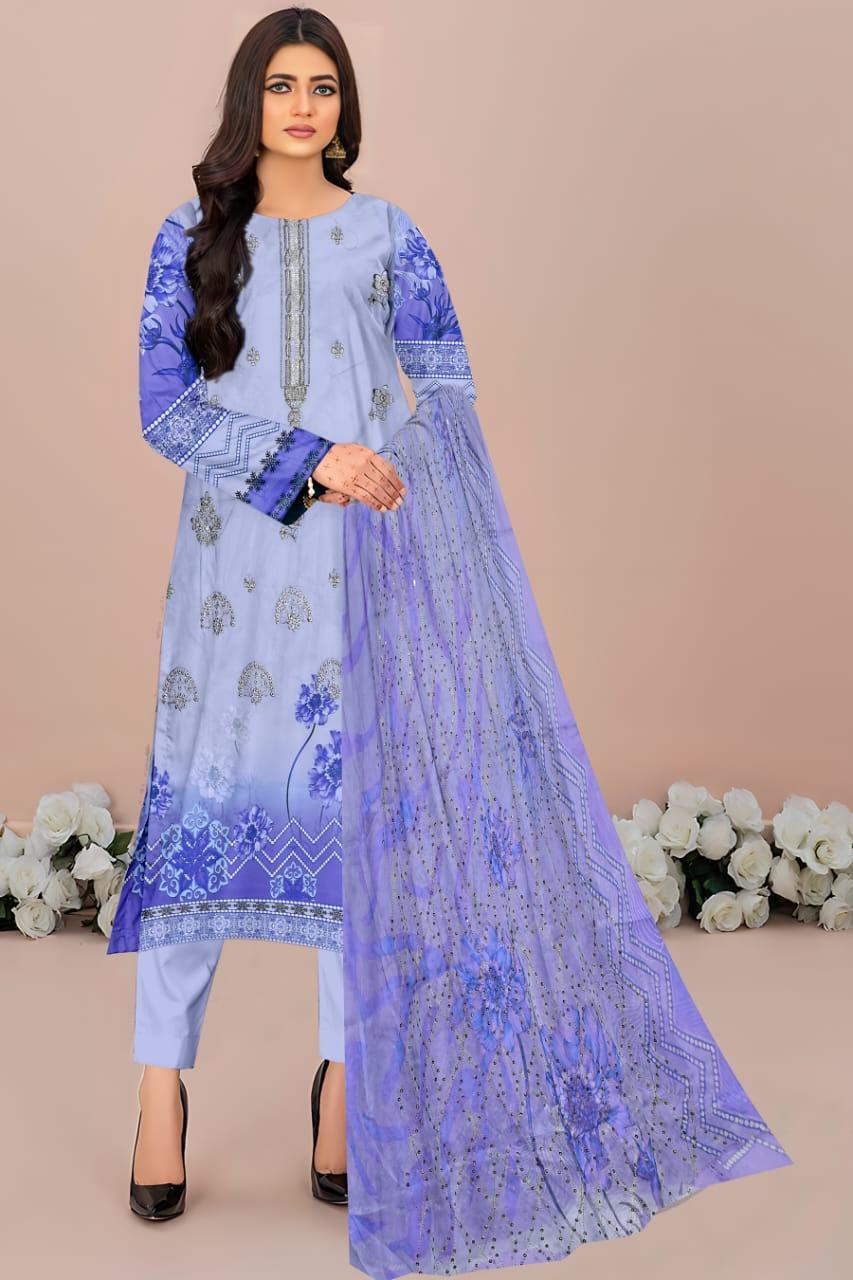 Elegant Grey Suit Set with Embroidered Lawn Shirt - 3 Pcs