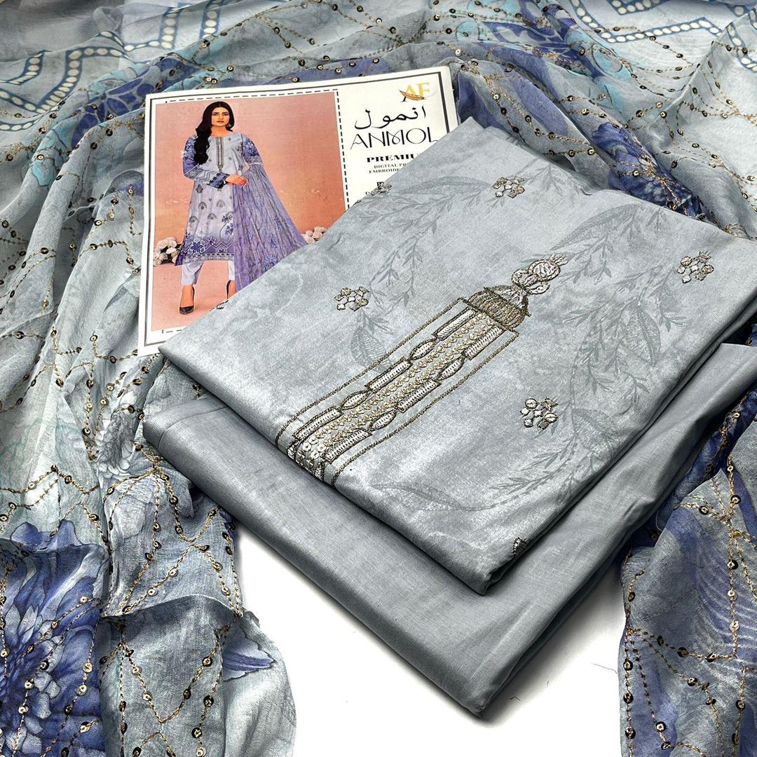 Elegant Grey Suit Set with Embroidered Lawn Shirt - 3 Pcs