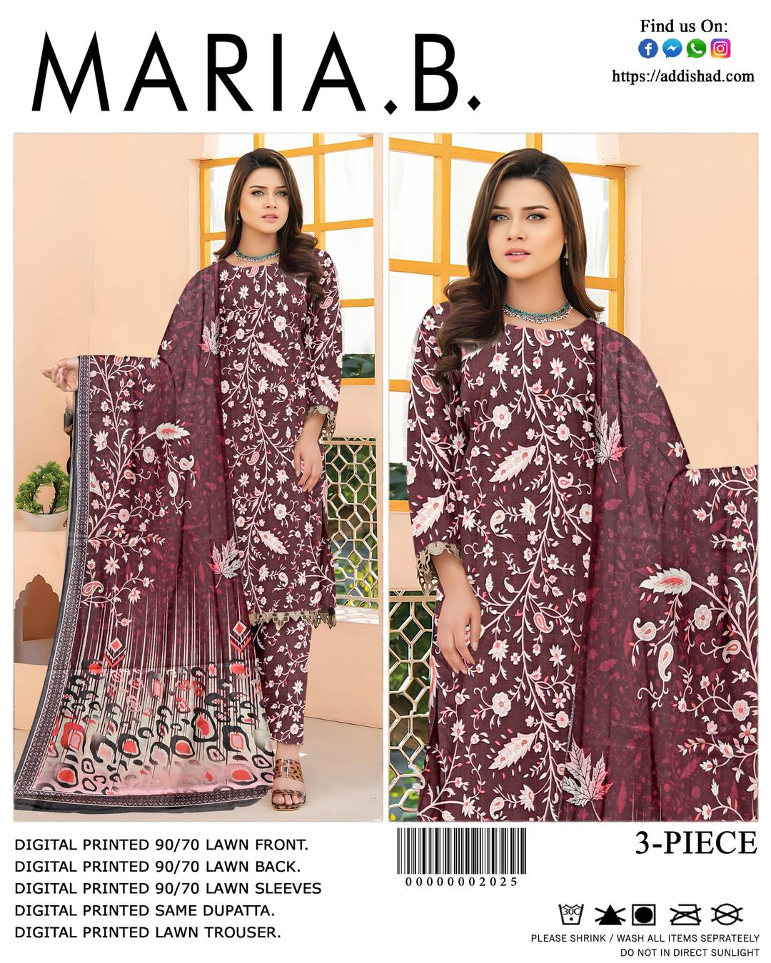 Stylish Printed Lawn Suit Set - 3 Pcs in Brown