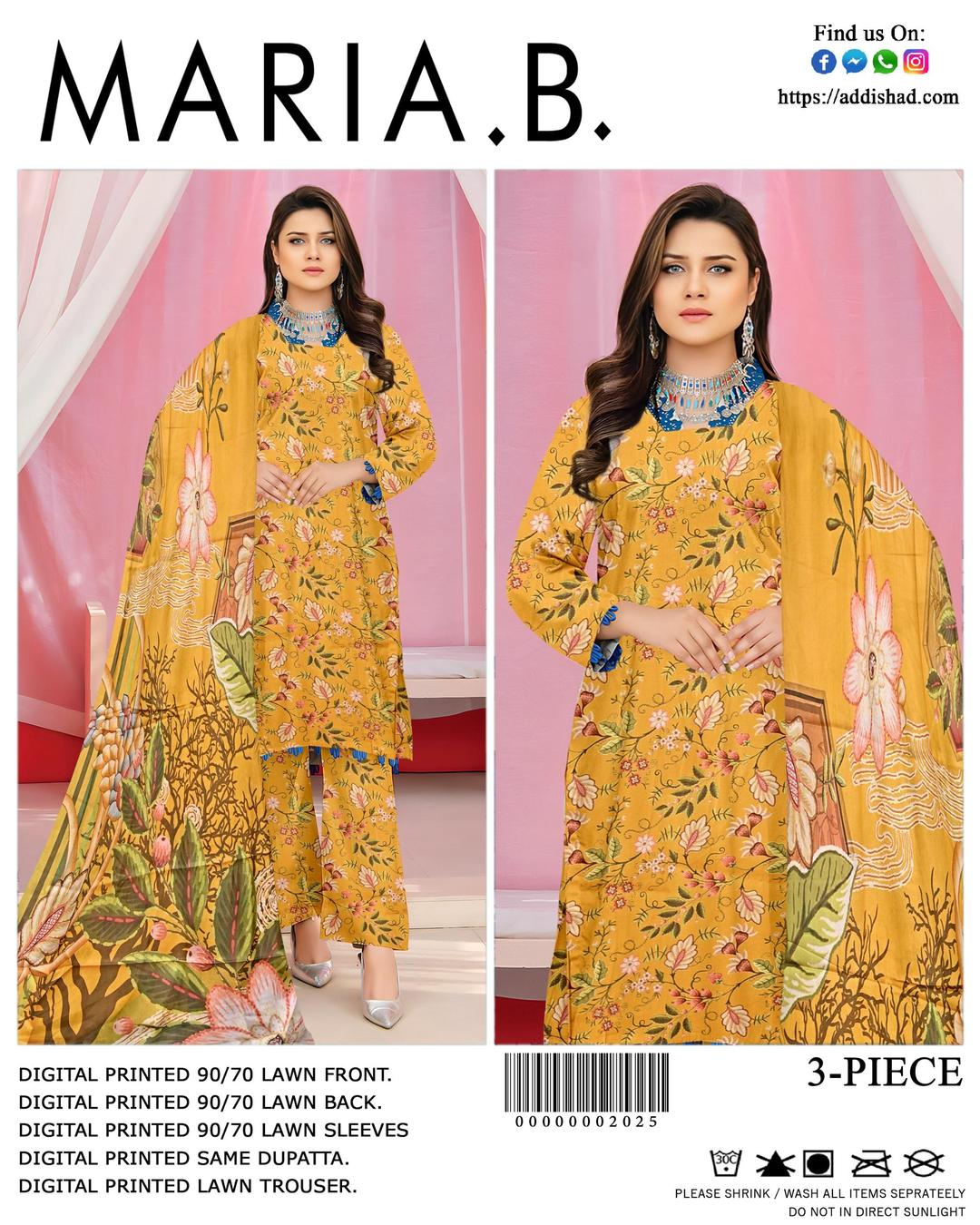 3 Pcs Mustard Printed Lawn Suit - Stylish Digital Print Ensemble