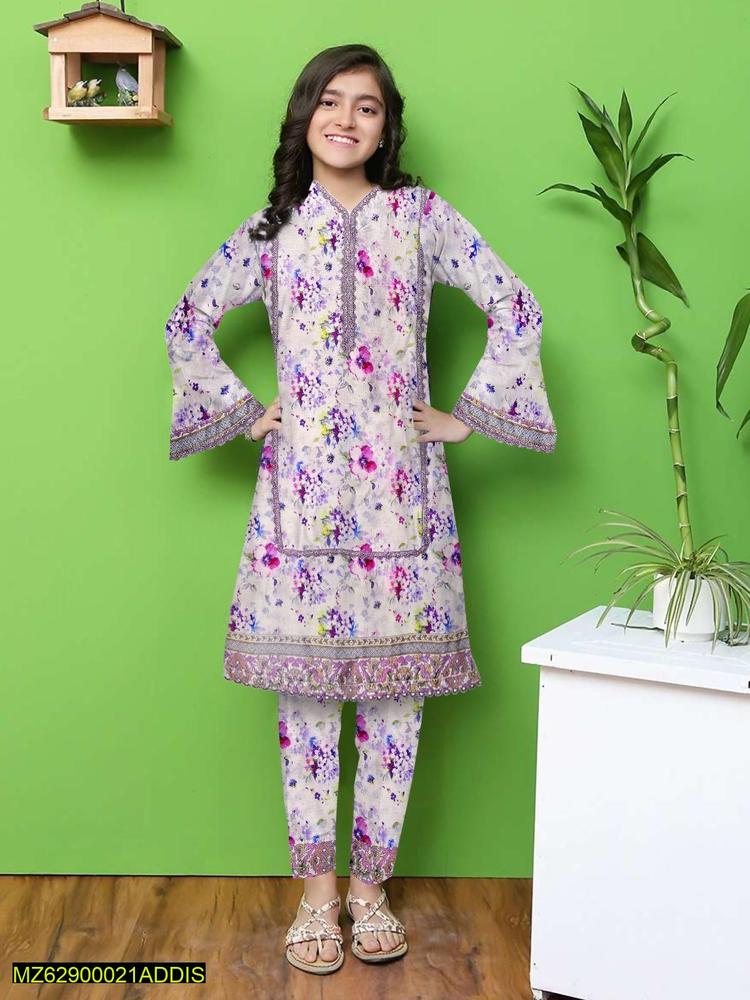 2 Pcs Girl's Stitched Viscose Embroidered Suit