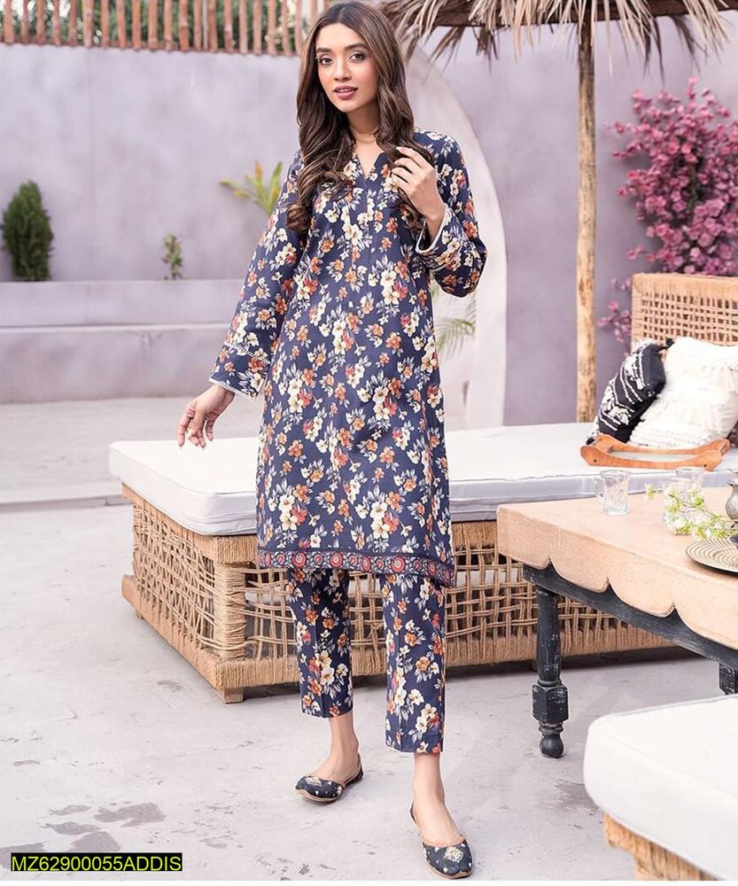 2 Pcs Women's Unstitched Linen Digital Printed Suit
