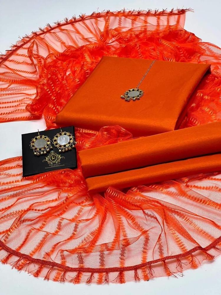 3 Pcs Women's Unstitched Fancy Katan Silk Plain Suit