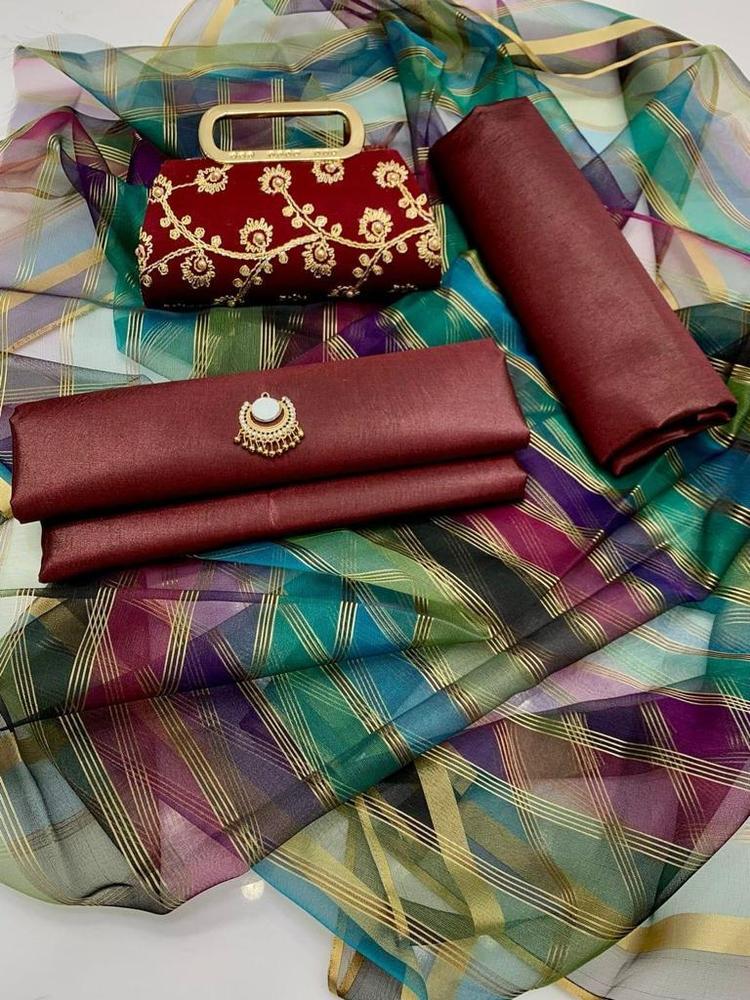 4 Pcs Women's Unstitched Fancy Katan Silk Plain Suit