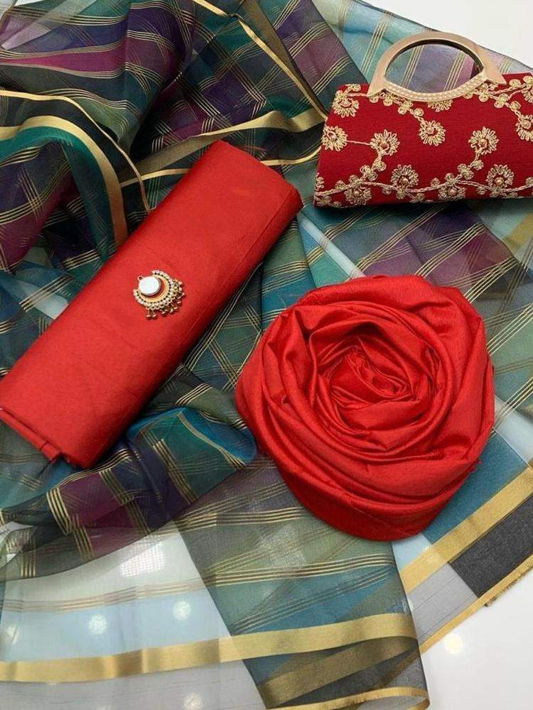 4 Pcs Women's Unstitched Fancy Katan Silk Plain Suit