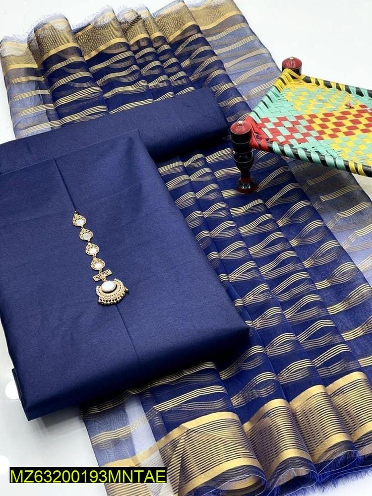 3 Pcs Women's Unstitched Katan Silk Plain Suit