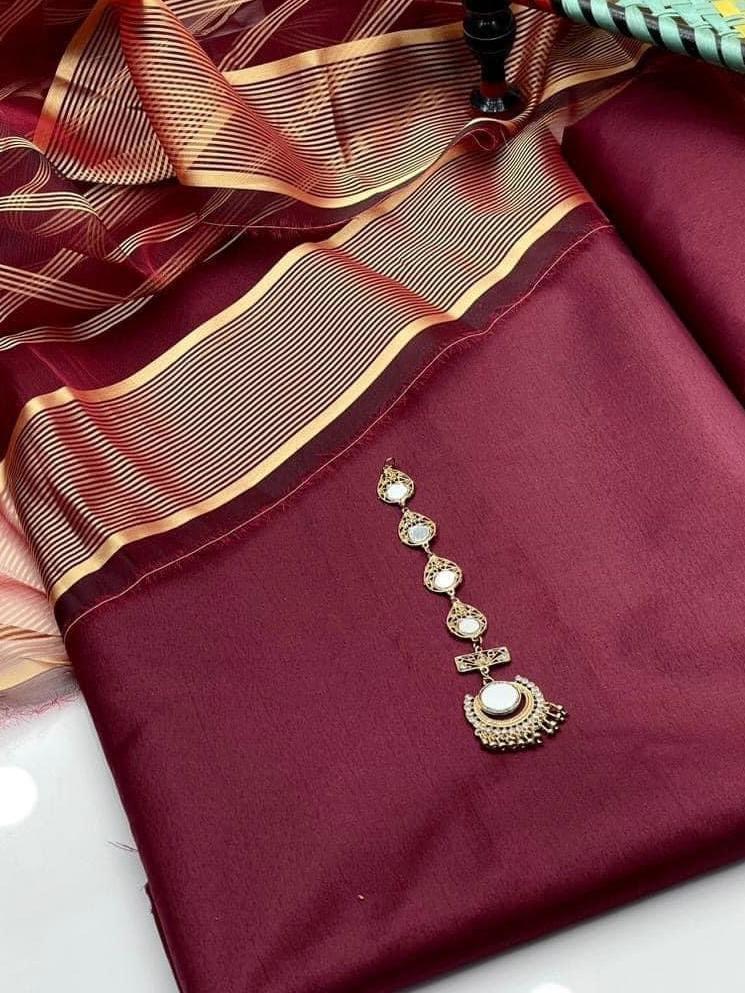 3 Pcs Women's Unstitched Katan Silk Plain Suit