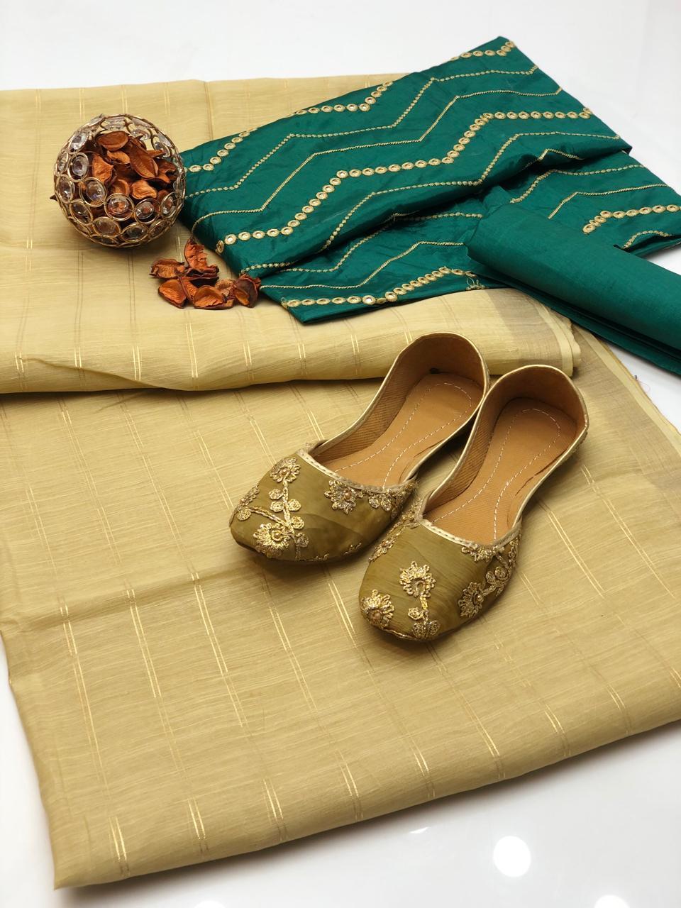 4 Pcs Women's Unstitched Katan Silk Sequins Embroidered Suit