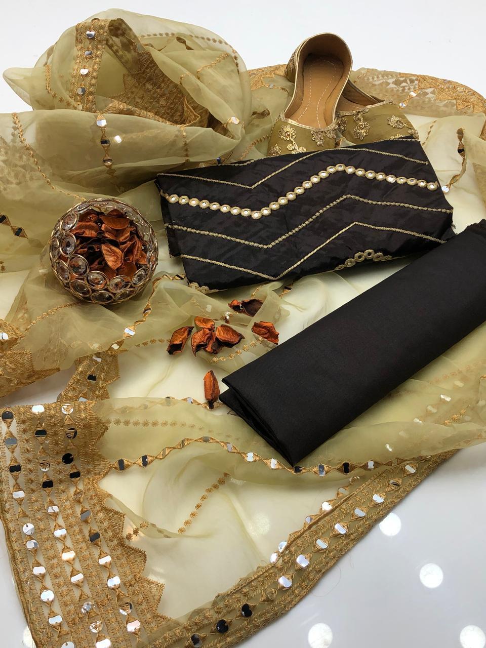 3 Pcs Women's Unstitched Katan Silk Sequins Embroidered Suit