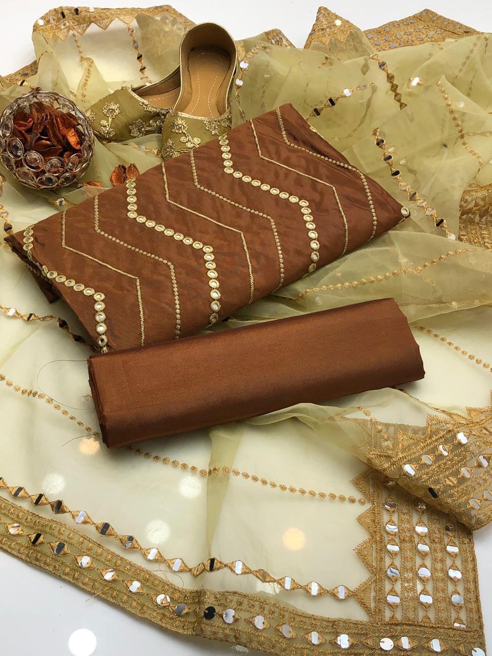 3 Pcs Women's Unstitched Katan Silk Sequins Embroidered Suit