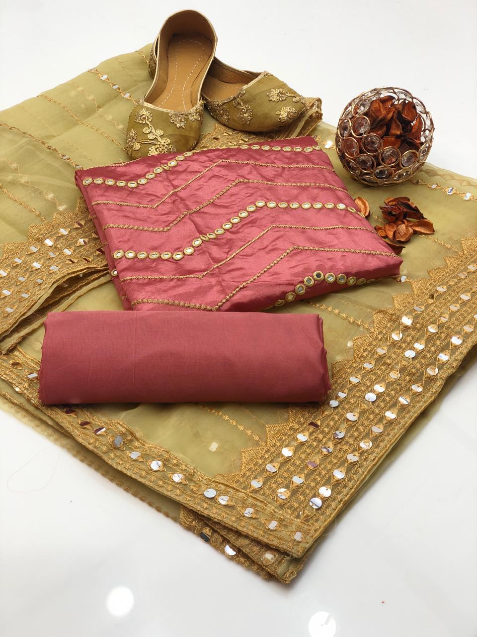 3 Pcs Women's Unstitched Katan Silk Sequins Embroidered Suit