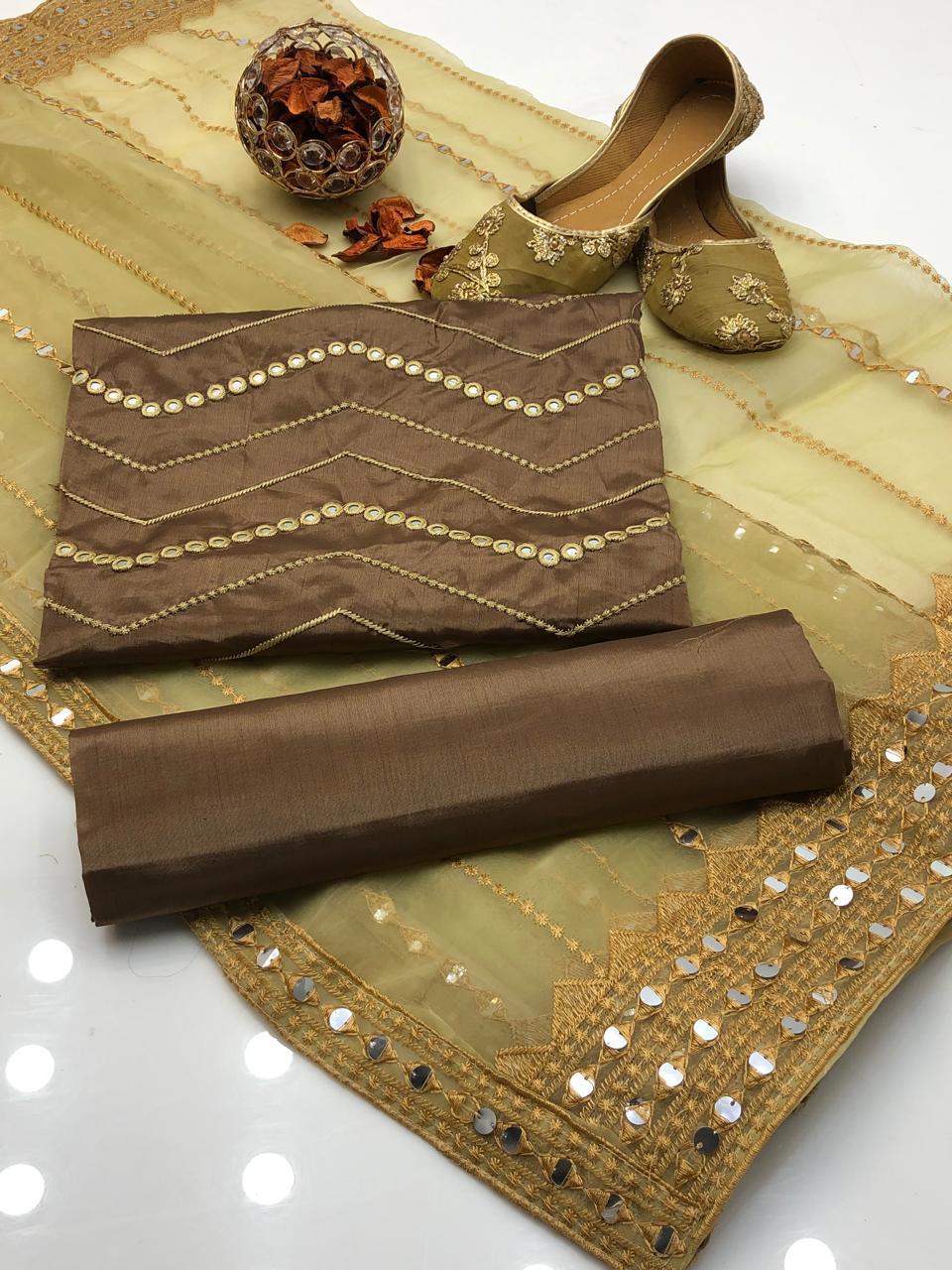 3 Pcs Women's Unstitched Katan Silk Sequins Embroidered Suit