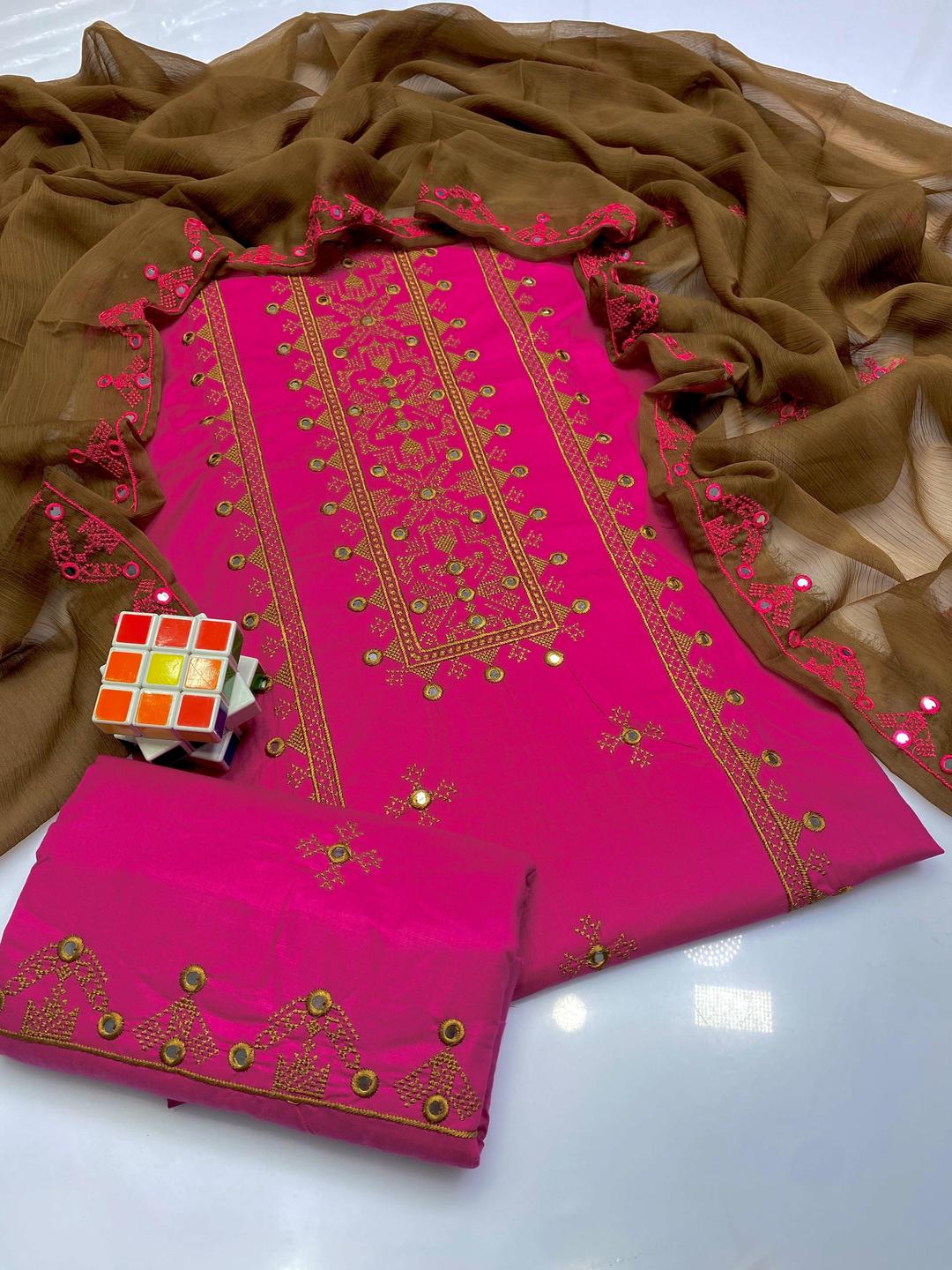 3 Pcs Women's Unstitched Sequins Embroidered Suit