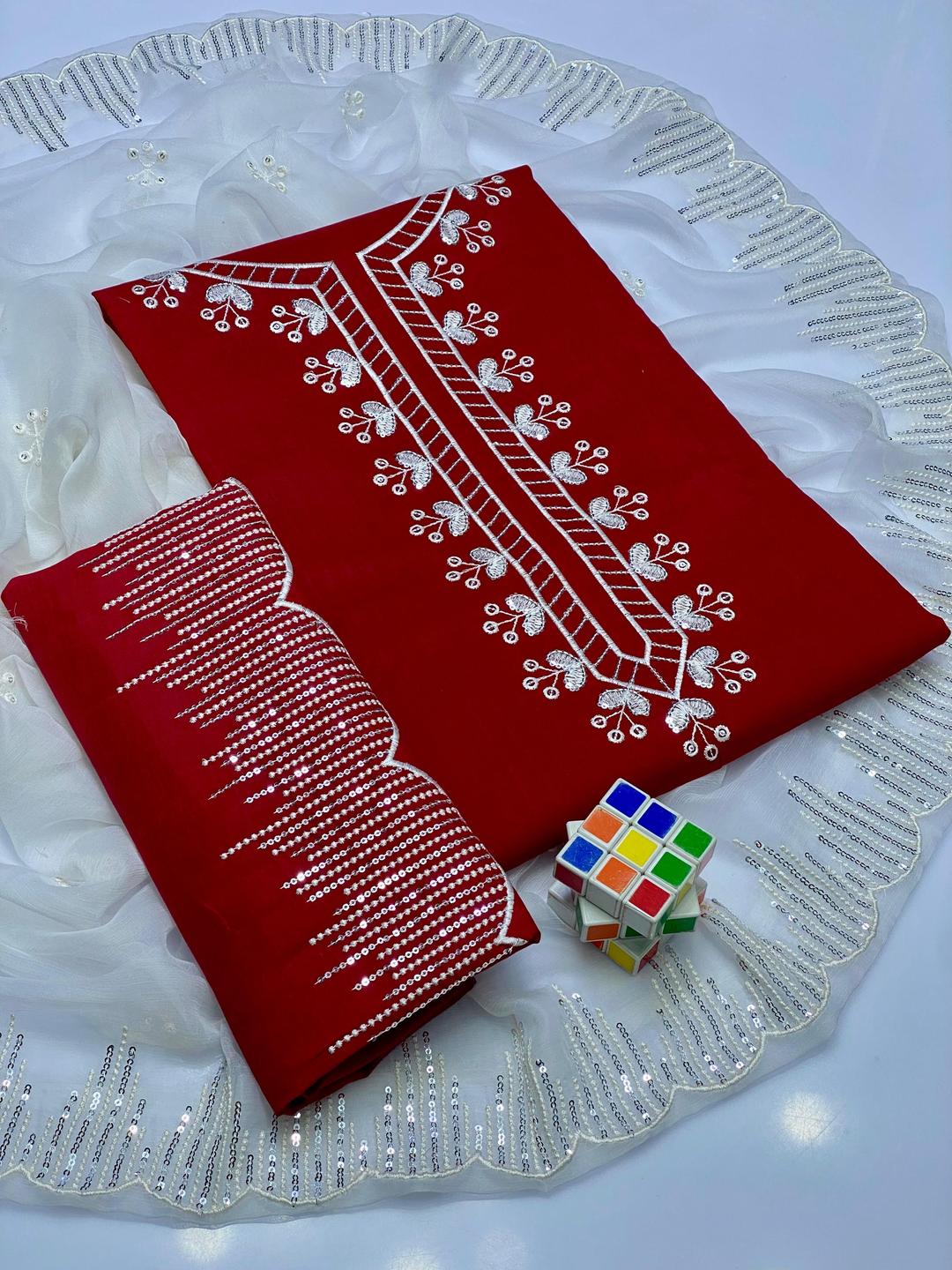 3 Pcs Women's Unstitched Sequins Embroidered Suit