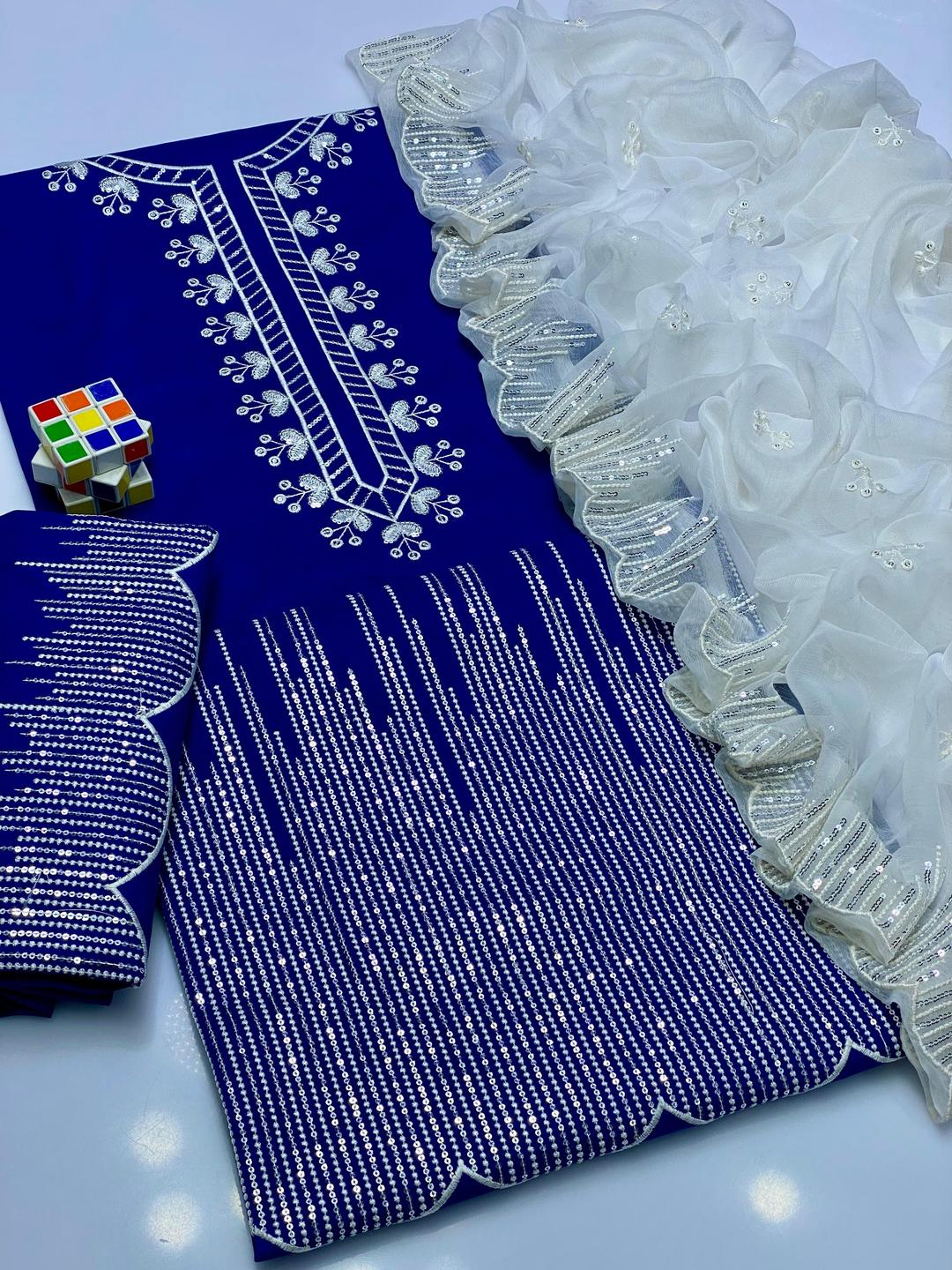 3 Pcs Women's Unstitched Sequins Embroidered Suit