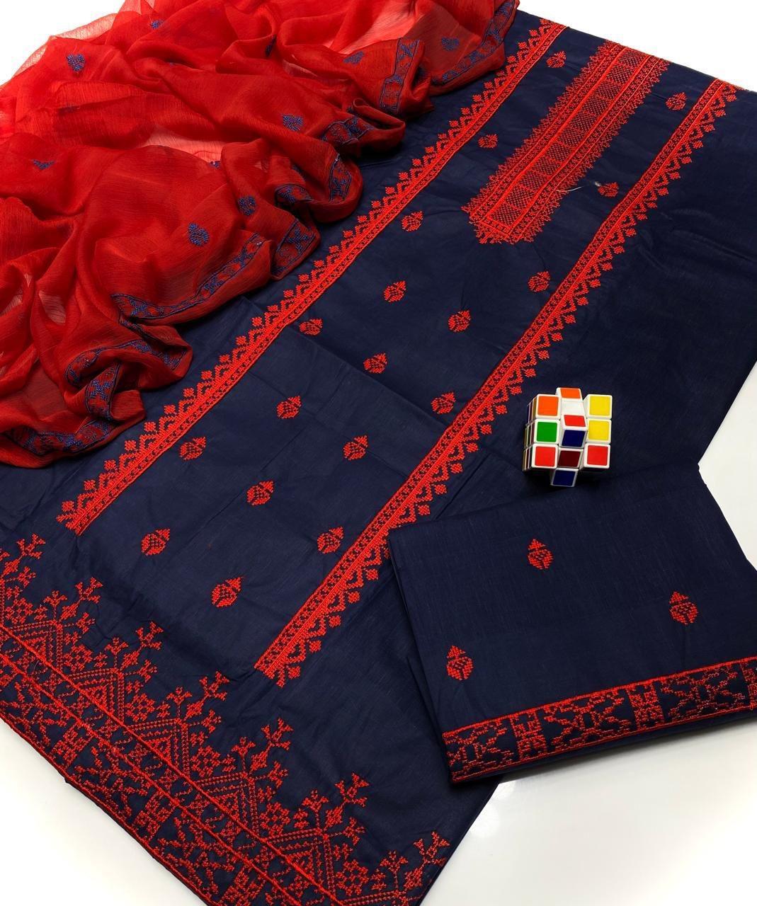 3 Pcs Women's Unstitched Embroidered Suit