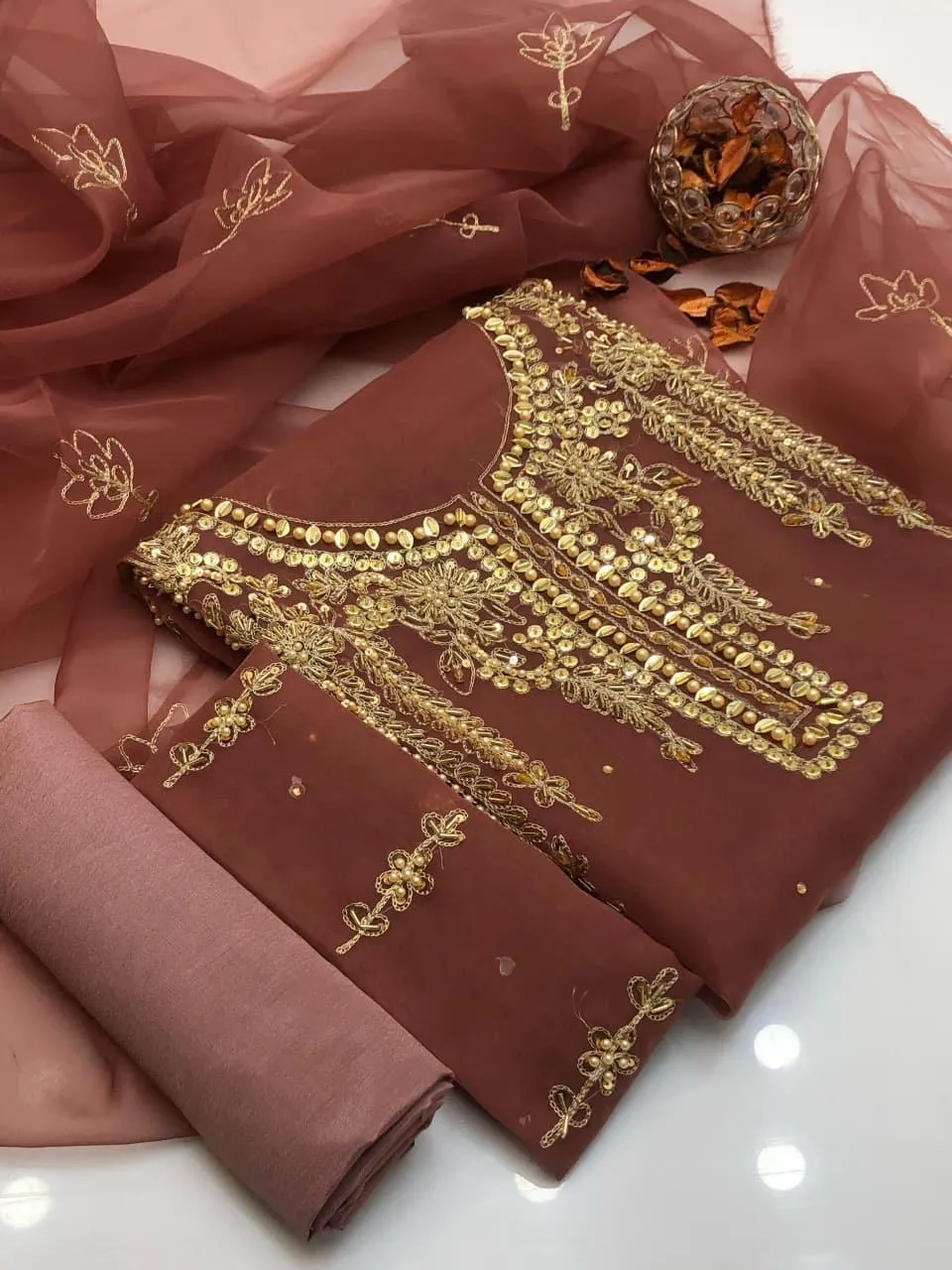 3 Pcs Women's Unstitched Hand Embroidered Suit