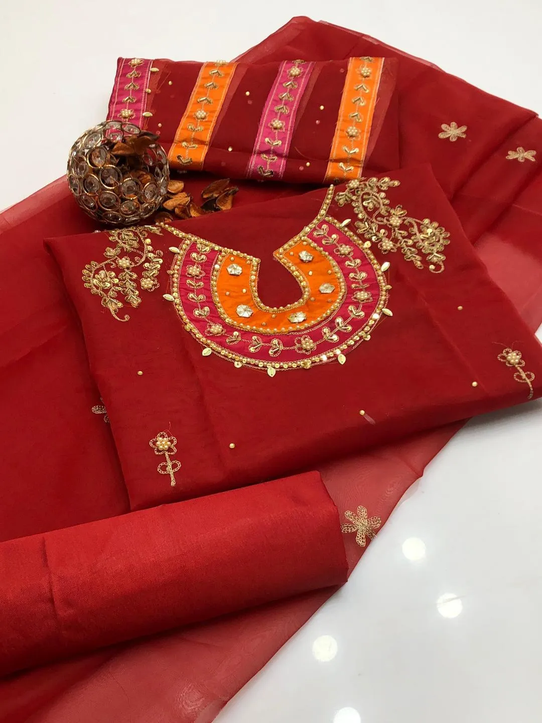 3 Pcs Women's Unstitched Hand Embroidered Suit