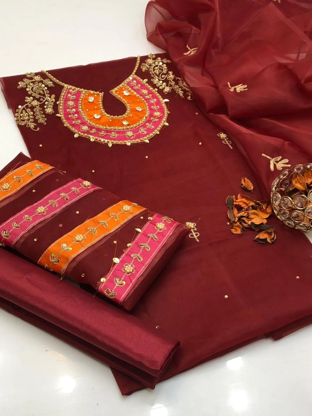 3 Pcs Women's Unstitched Hand Embroidered Suit