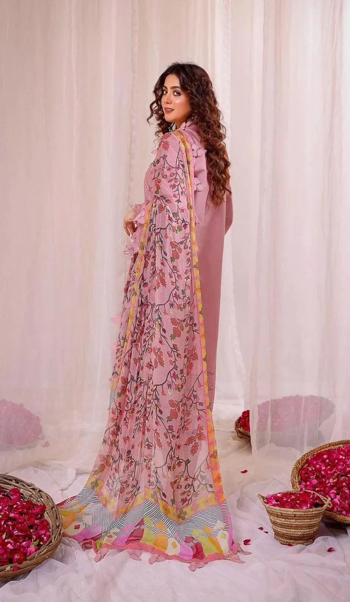 Pink Embroidered Lawn 3Pcs Set for Women