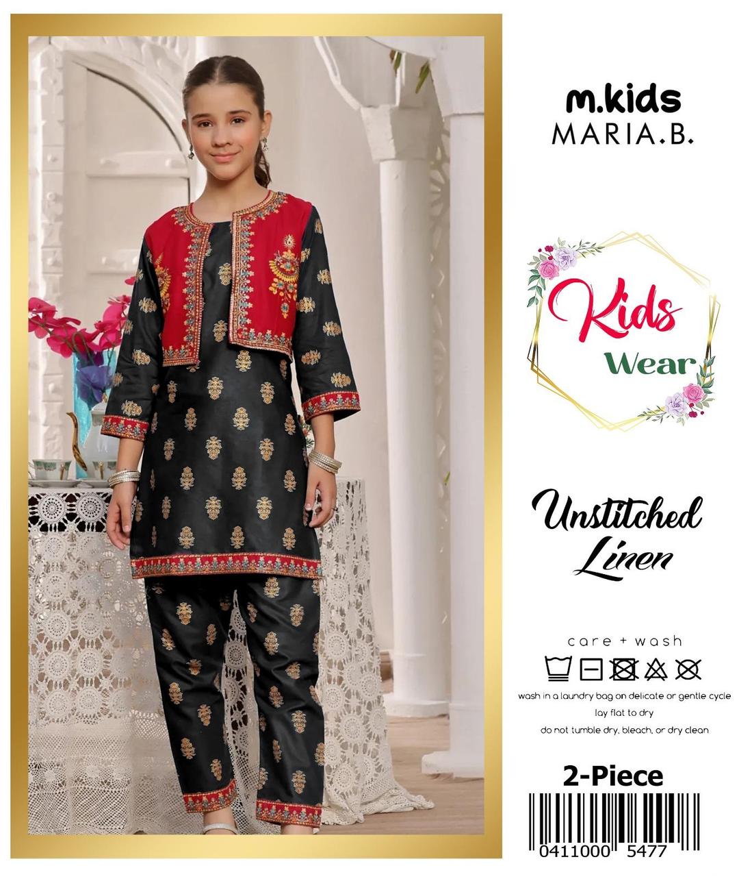 2 Pcs Girl's Linen Embroidered Unstitched Suit