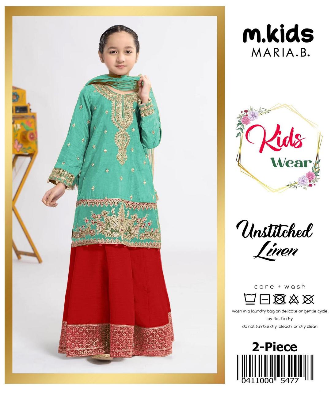 2 Pcs Girl's Linen Embroidered Unstitched Suit