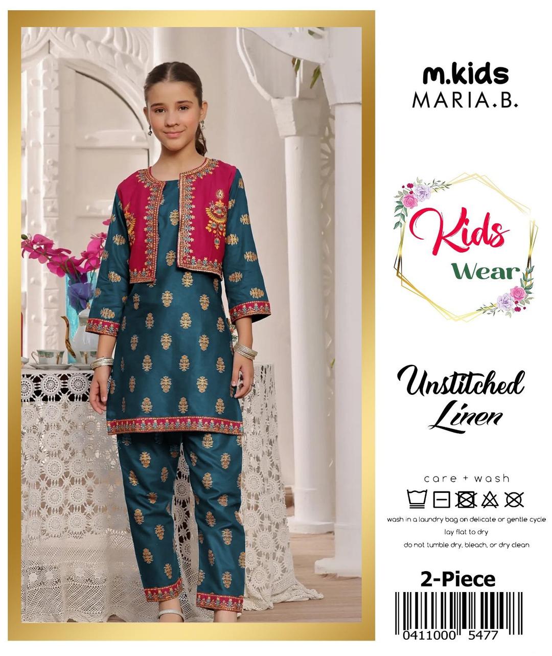 2 Pcs Girl's Linen Embroidered Unstitched Suit