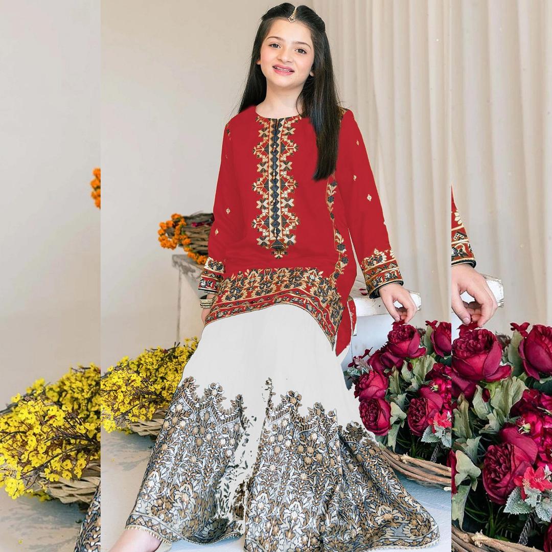 2 Pcs Girl's Linen Embroidered Unstitched Suit