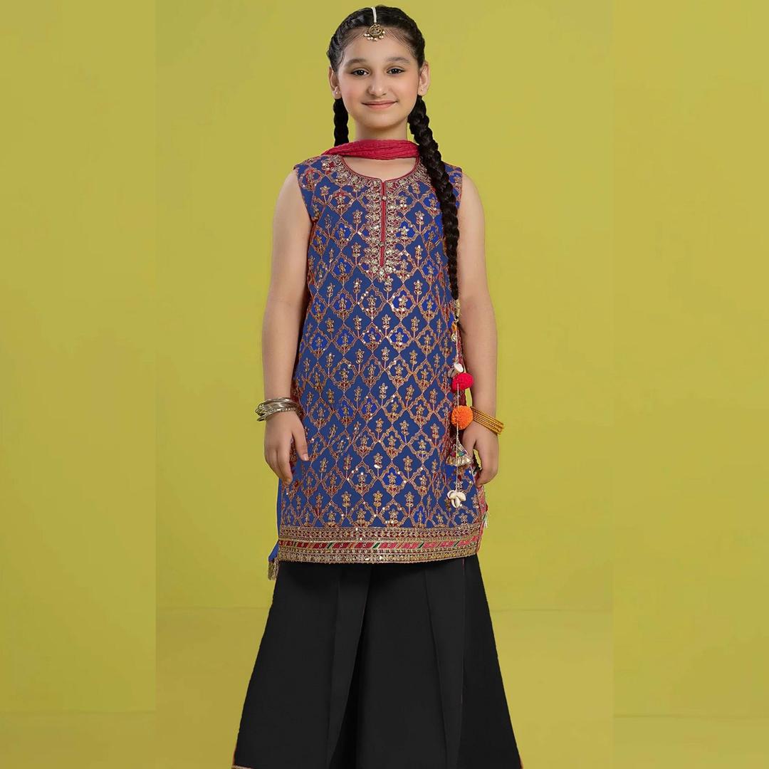 2 Pcs Girl's Linen Embroidered Unstitched Suit