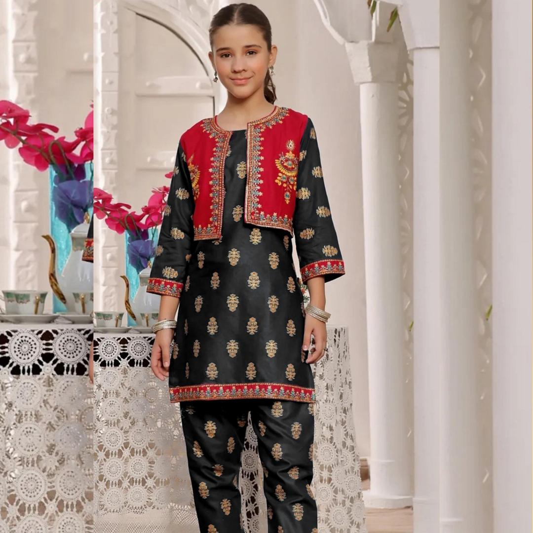 2 Pcs Girl's Linen Embroidered Unstitched Suit