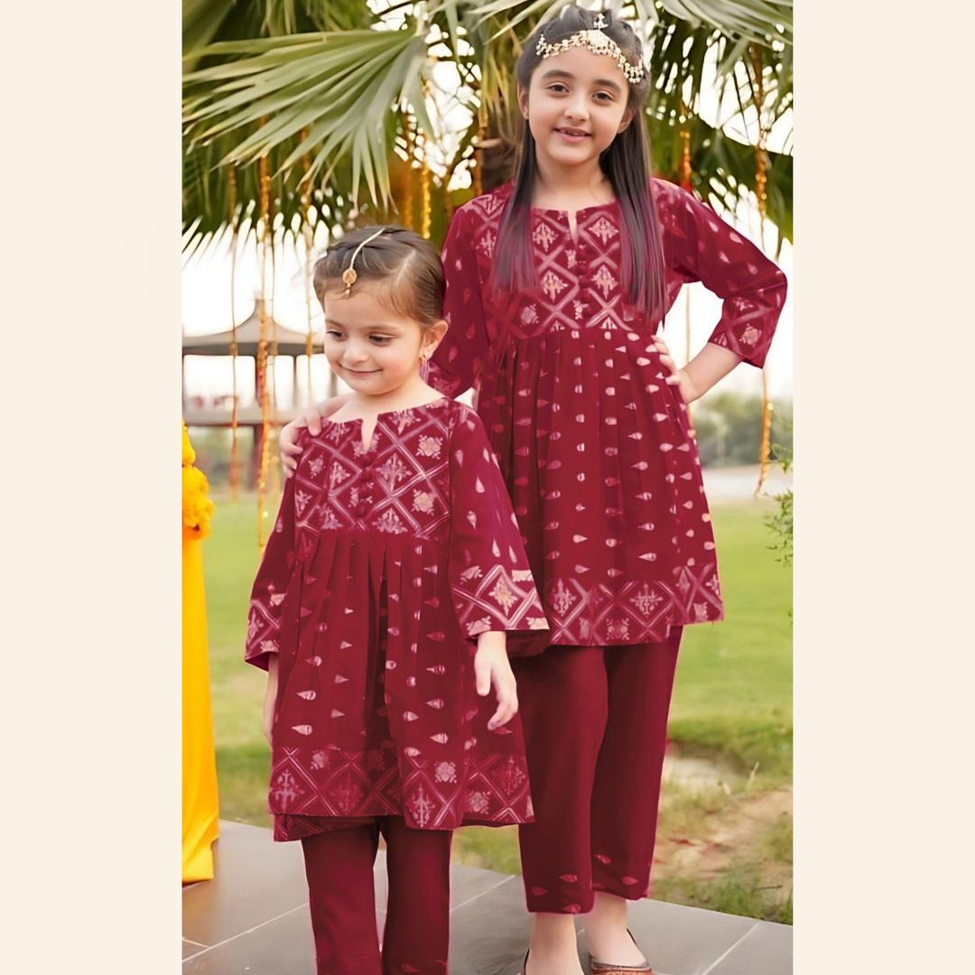 2 Pcs Girl's Linen Embroidered Unstitched Suit