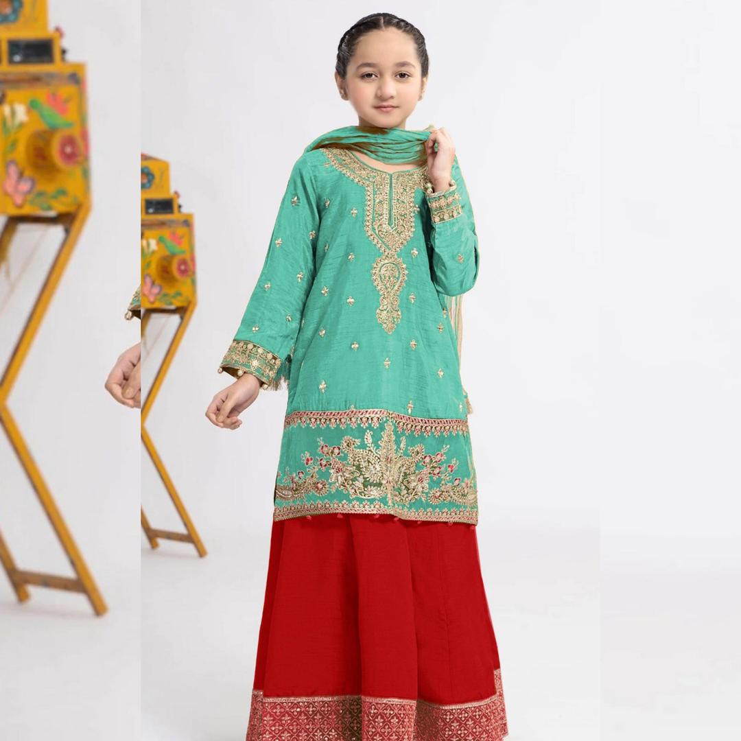 2 Pcs Girl's Linen Embroidered Unstitched Suit