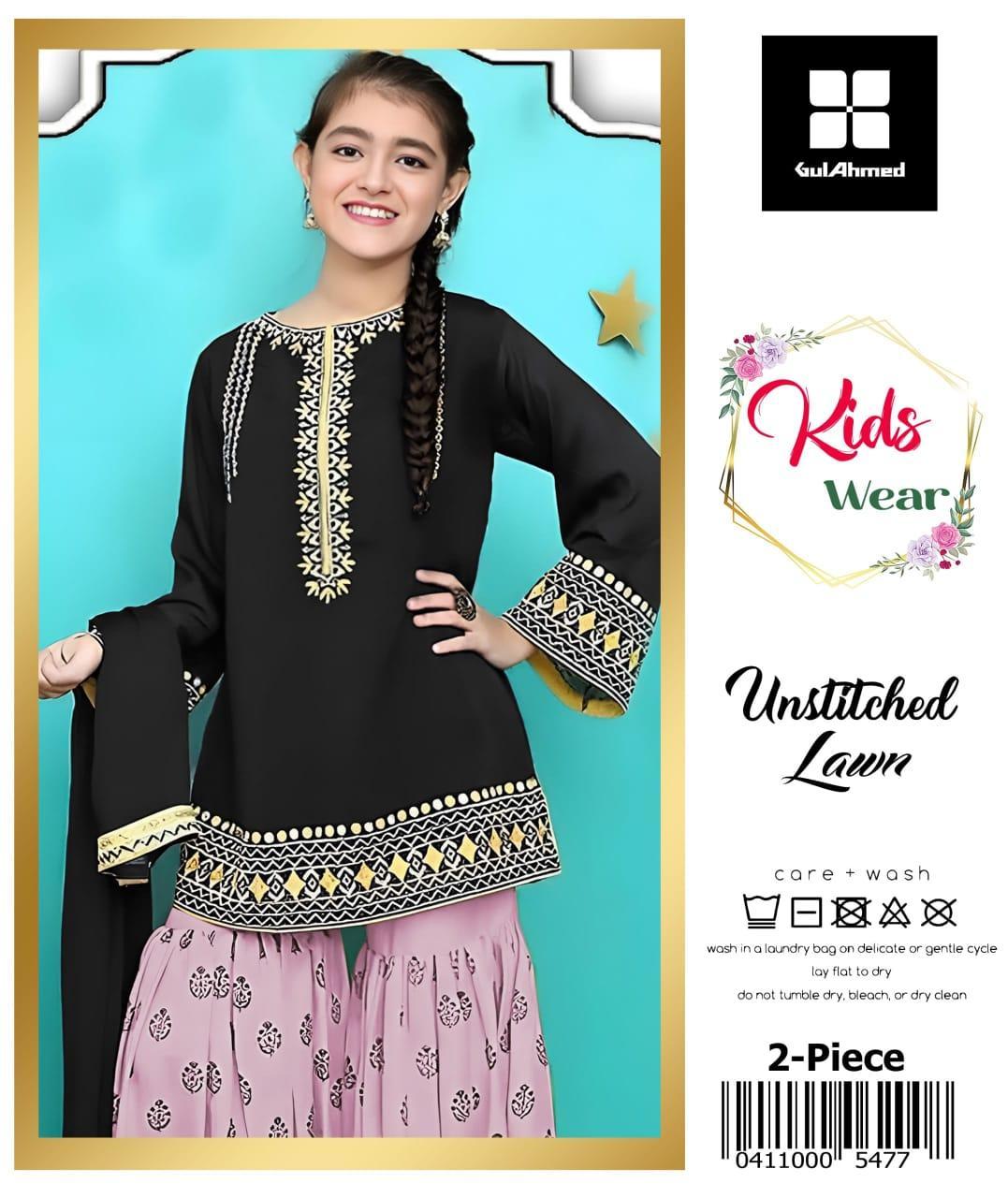 2 Pcs Girl's Lawn Embroidered Unstitched Suit