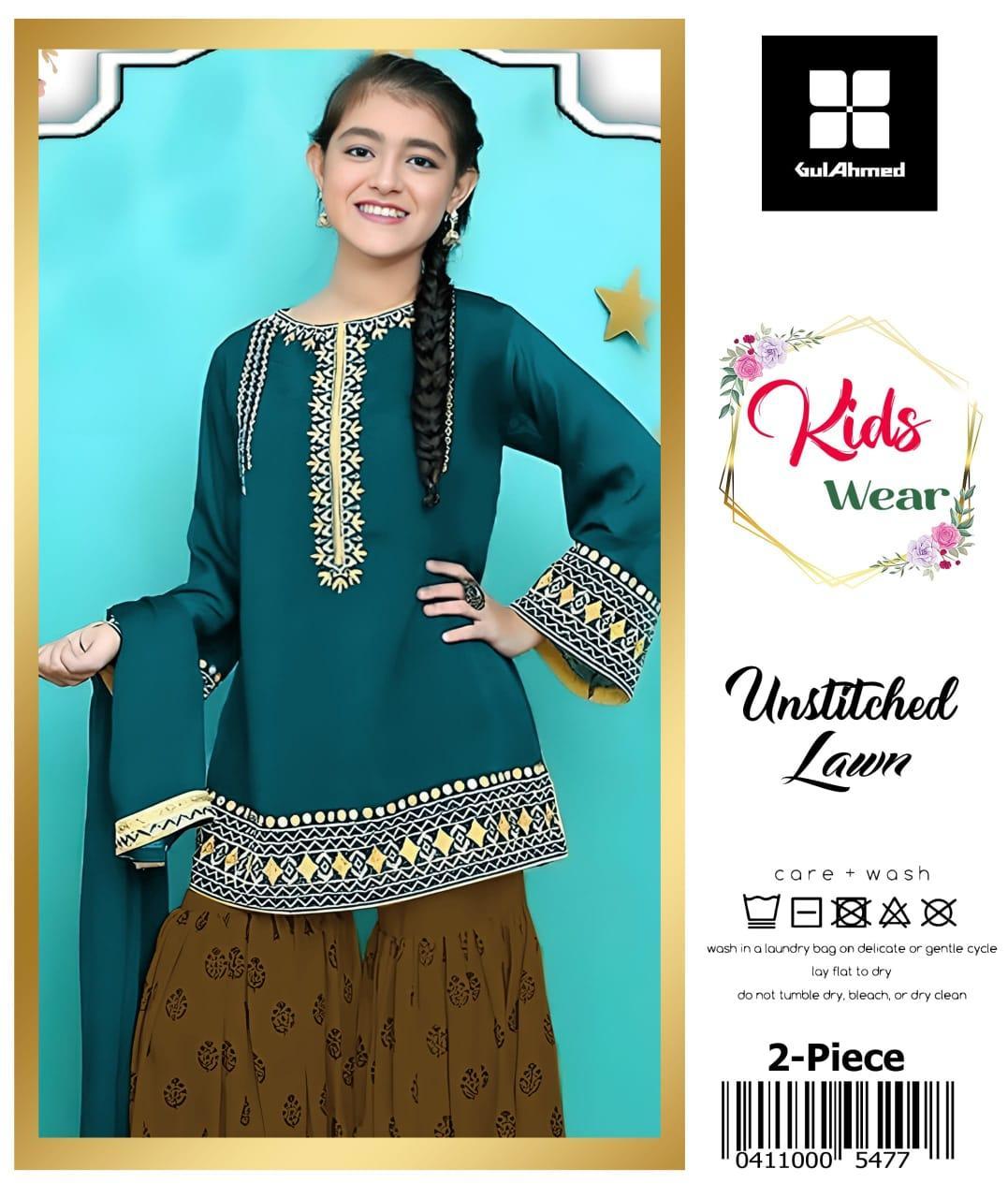 2 Pcs Girl's Lawn Embroidered Unstitched Suit