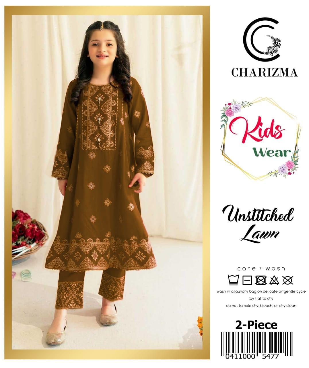 2 Pcs Girl's Lawn Embroidered Unstitched Suit
