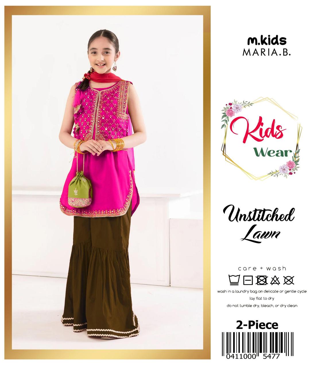 2 Pcs Girl's Lawn Embroidered Unstitched Suit