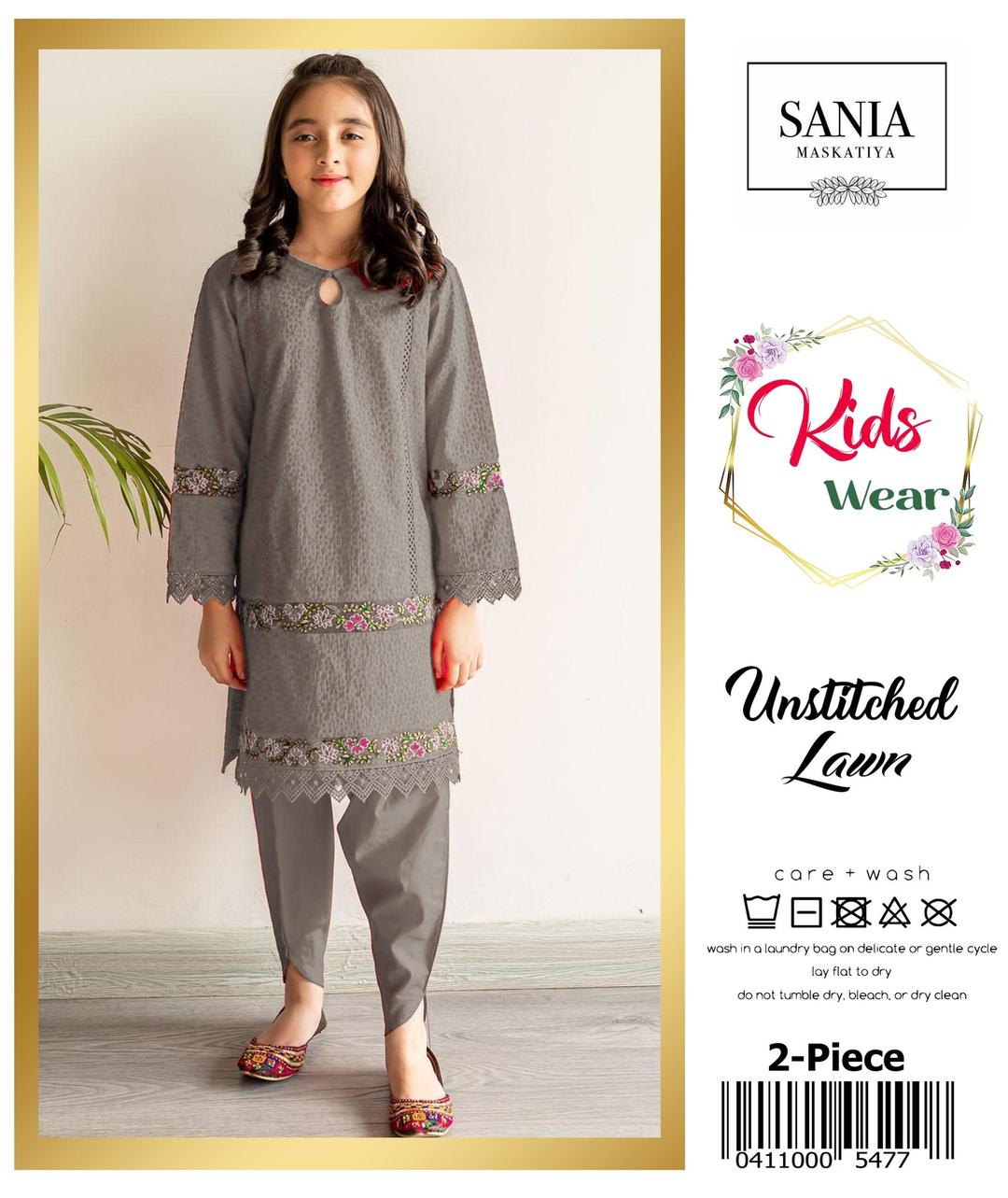 2 Pcs Girl's Lawn Embroidered Unstitched Suit