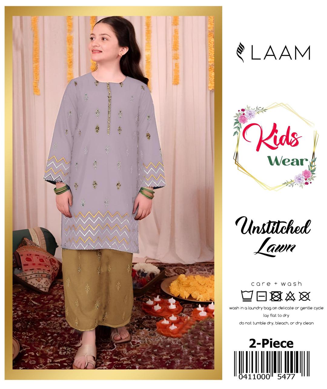 2 Pcs Girl's Lawn Embroidered Unstitched Suit