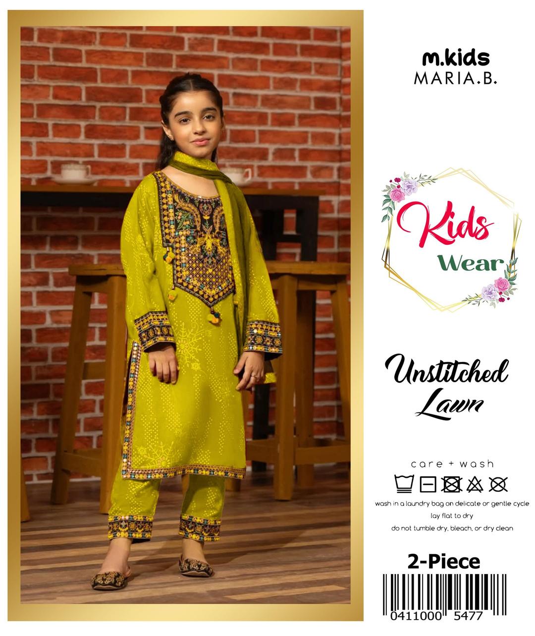 2 Pcs Girl's Lawn Embroidered Unstitched Suit