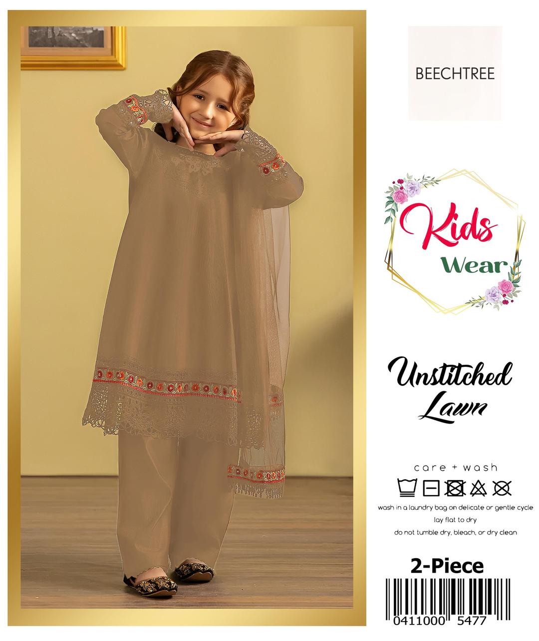 2 Pcs Girl's Lawn Embroidered Unstitched Suit