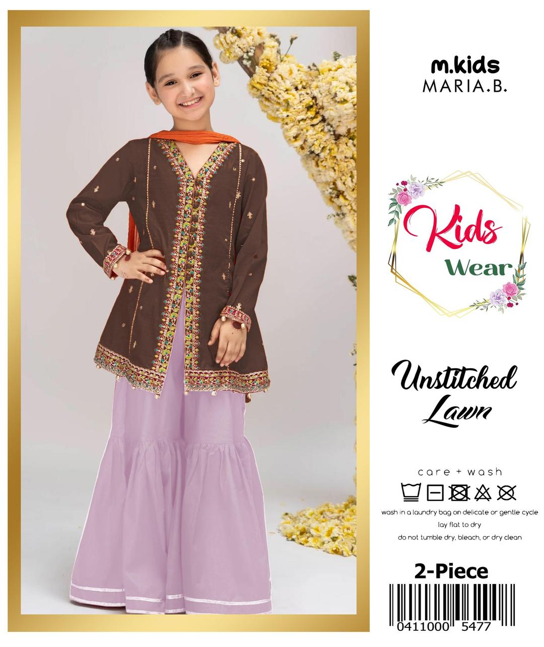 2 Pcs Girl's Lawn Embroidered Unstitched Suit