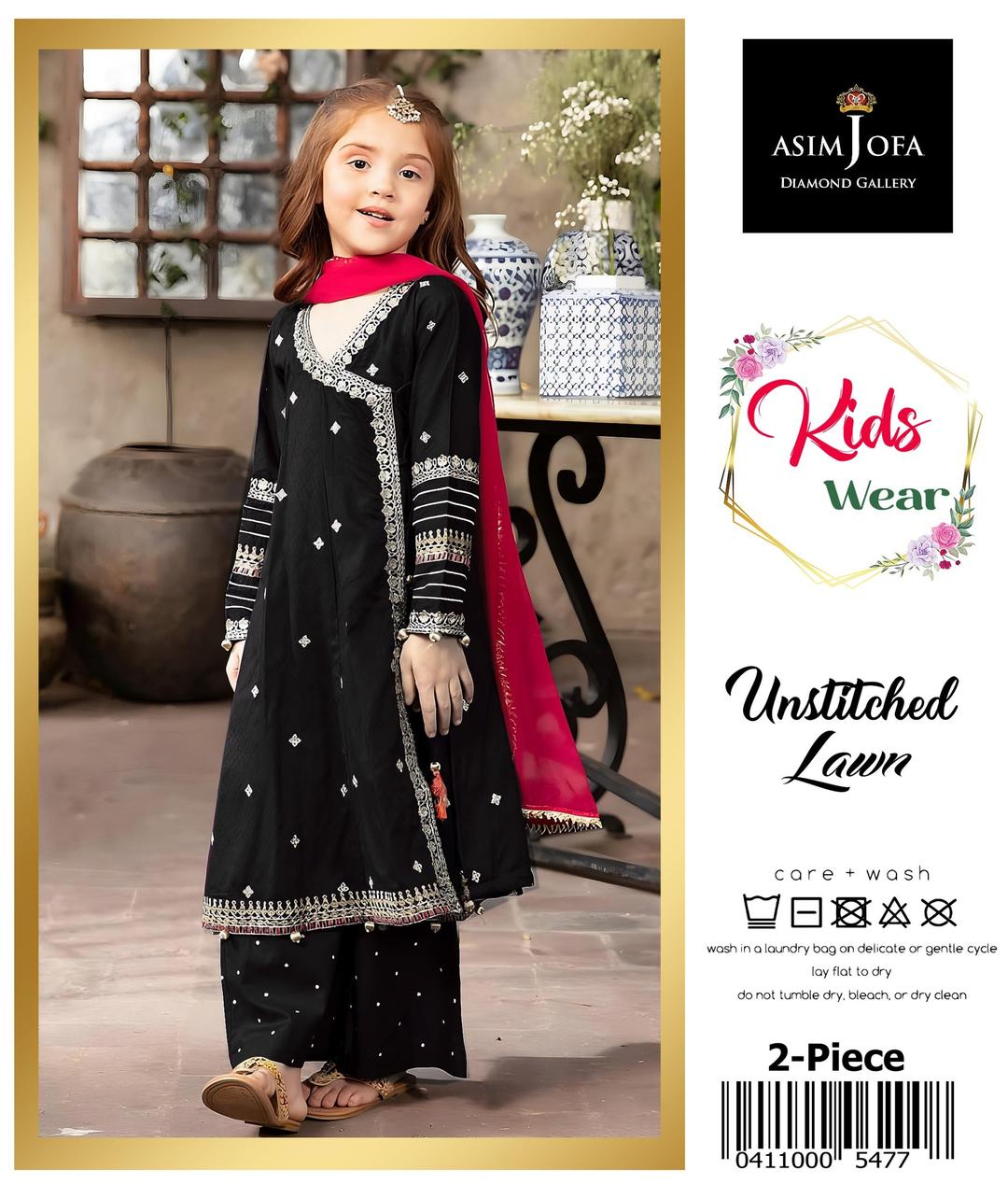 2 Pcs Girl's Lawn Embroidered Unstitched Suit