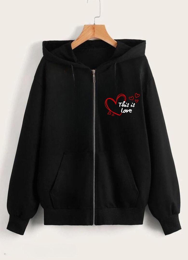 Stylish Printed Zip-Up Hoodie - 1 Pc - Black Cotton Blend