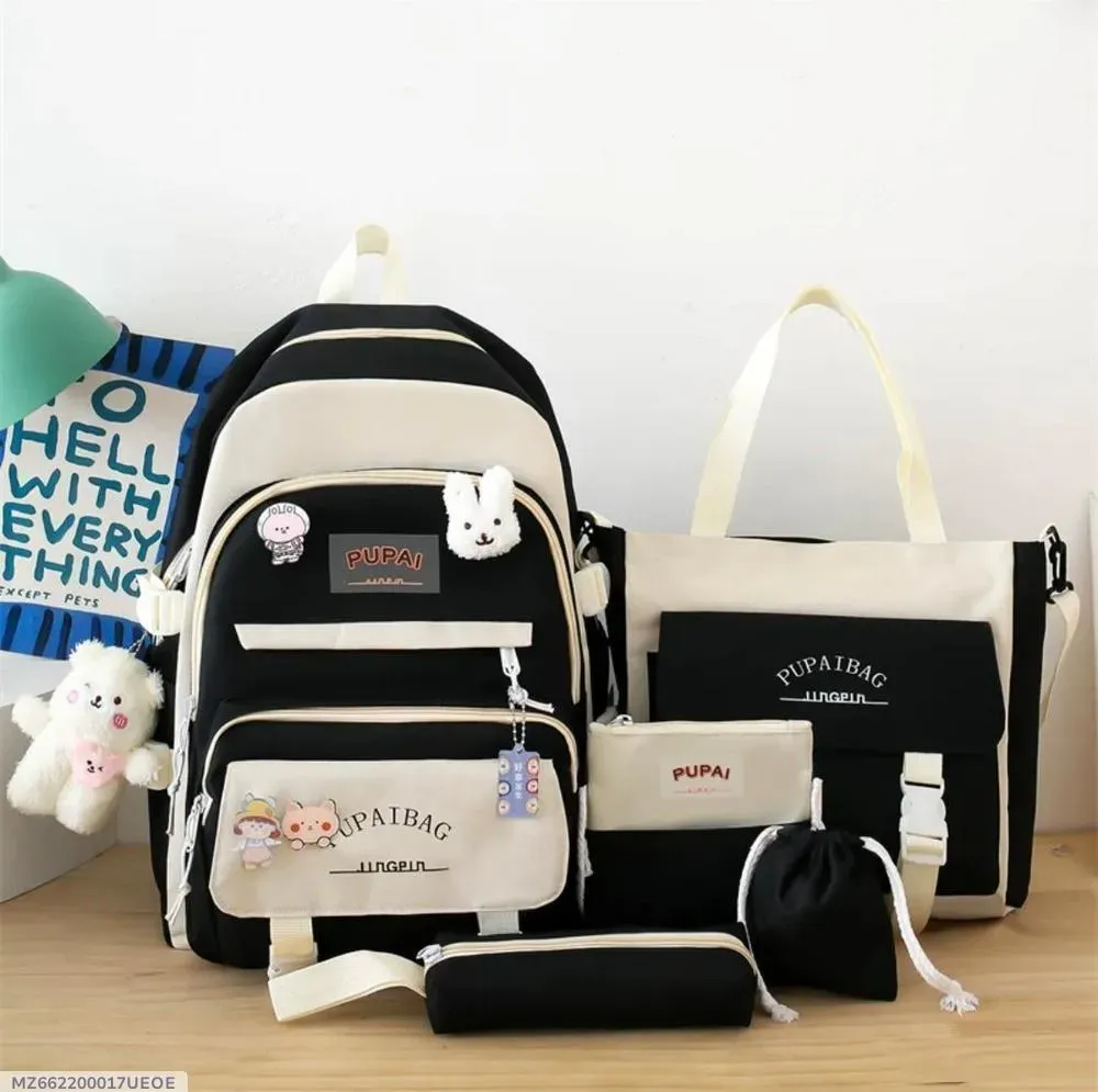 5-Piece Black Nylon Travel Backpack Set for Students