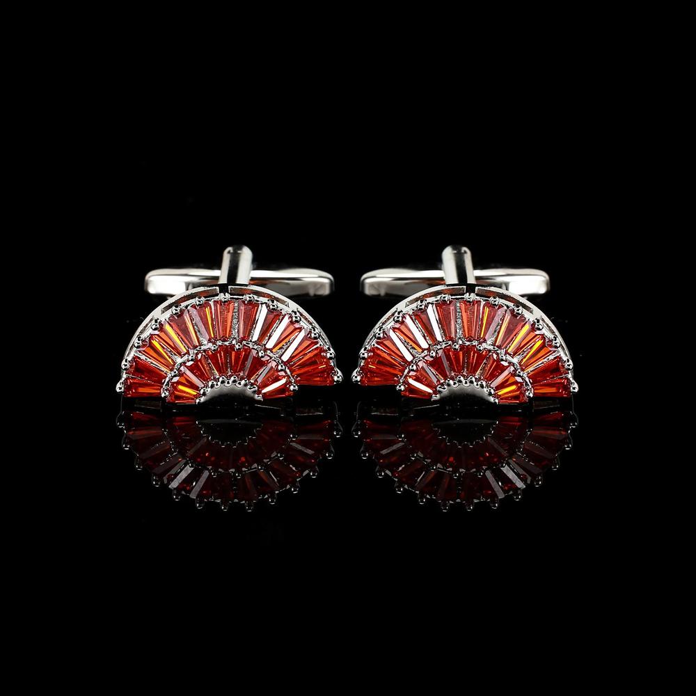 Cufflers Designer Red Fan Sector Crystal Cufflinks Elegant Zircon Design Free Gift Box - CU-3014-C