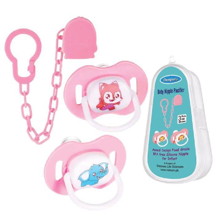 Multicolor Silicone Pacifier with Chain - 2 Pcs Set