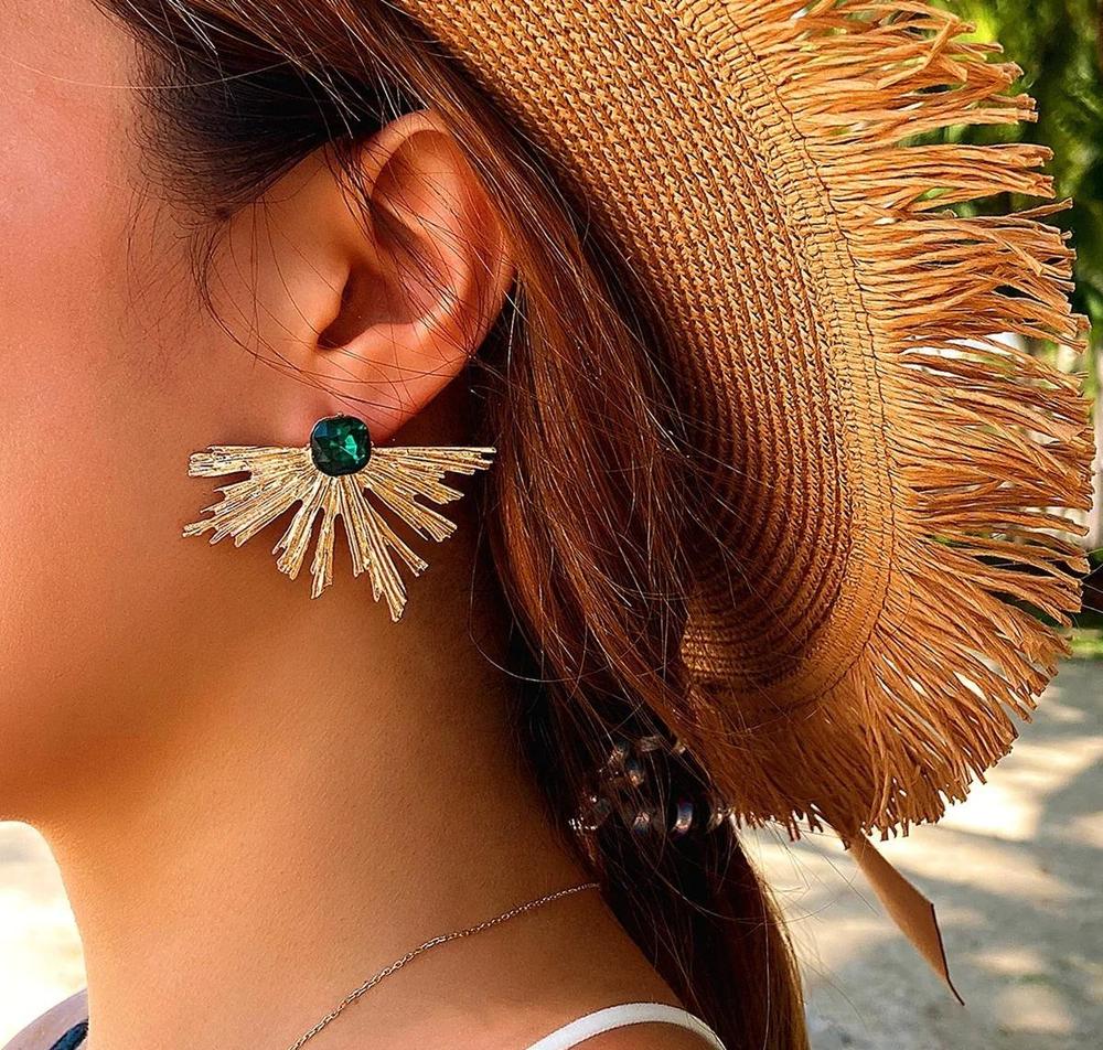 Half Leaf Design Gold Plated Green Stone Studs 